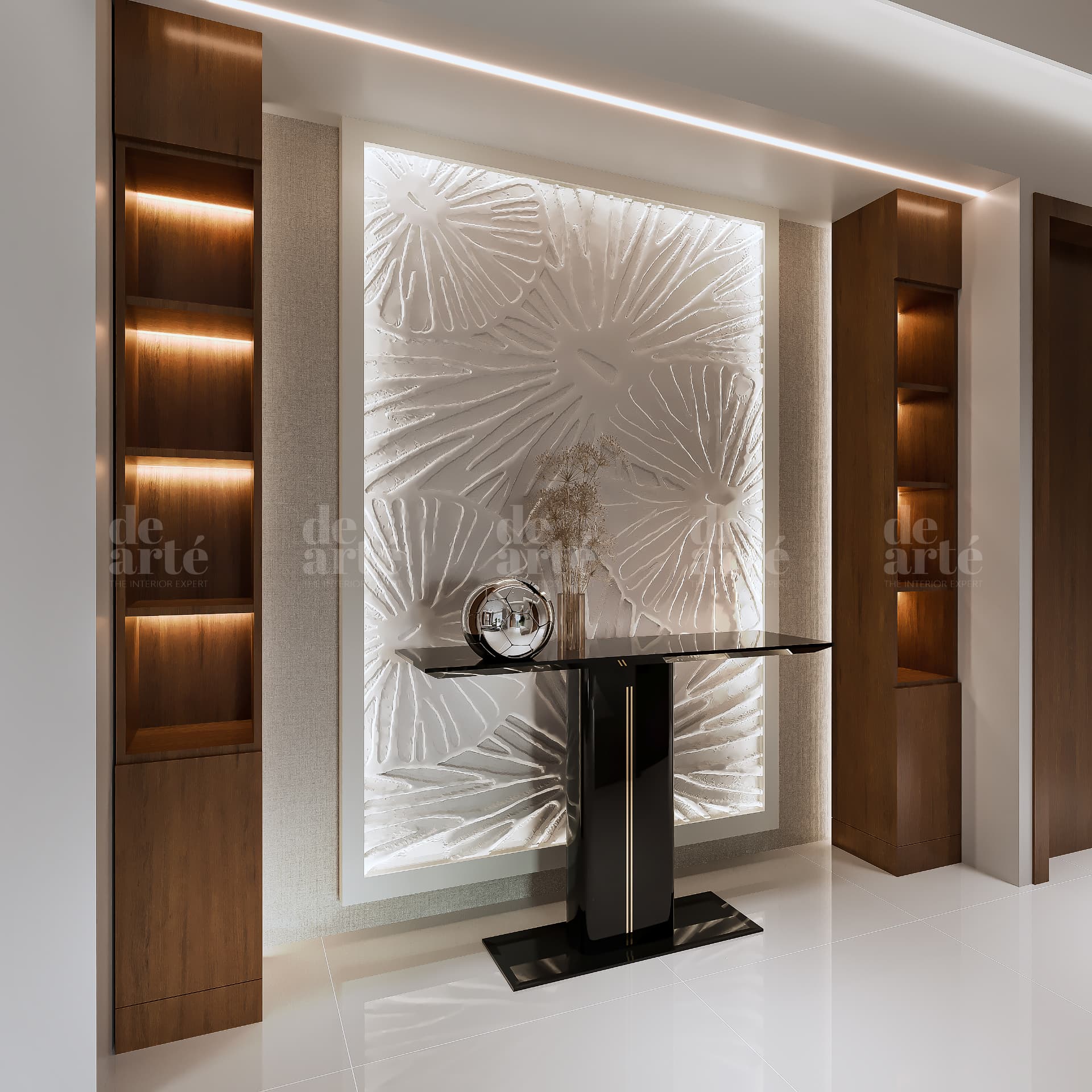 Binu project in Anayara — illuminated feature wall and console