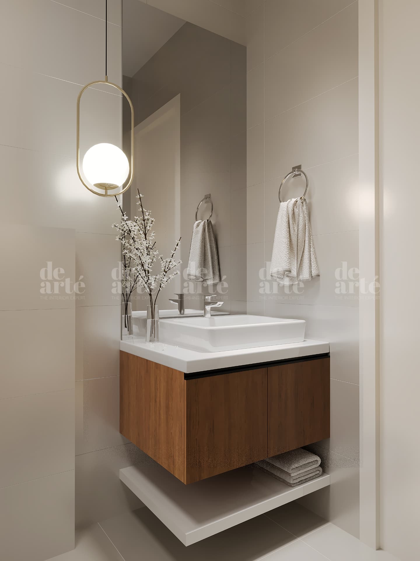 Nikitha project in Trivandrum — bathroom vanity with round mirror and timber cabinet