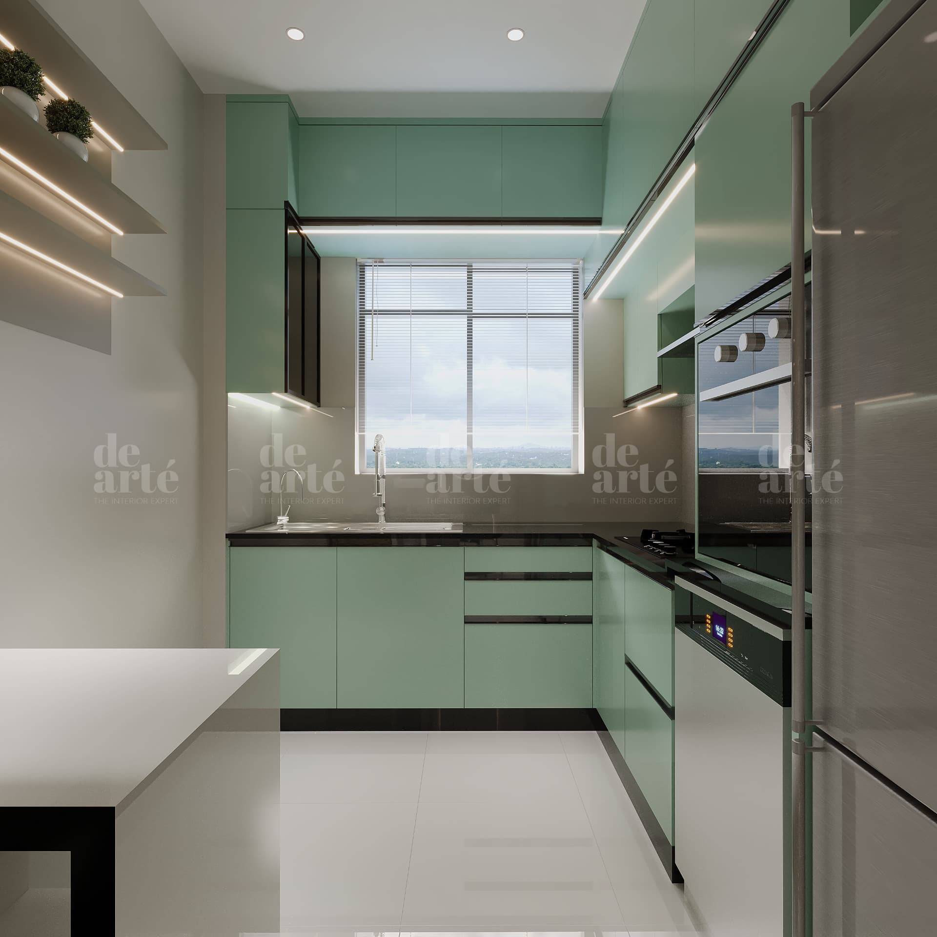 Nishanth project in Trivandrum — mint green modular kitchen with built-in appliances