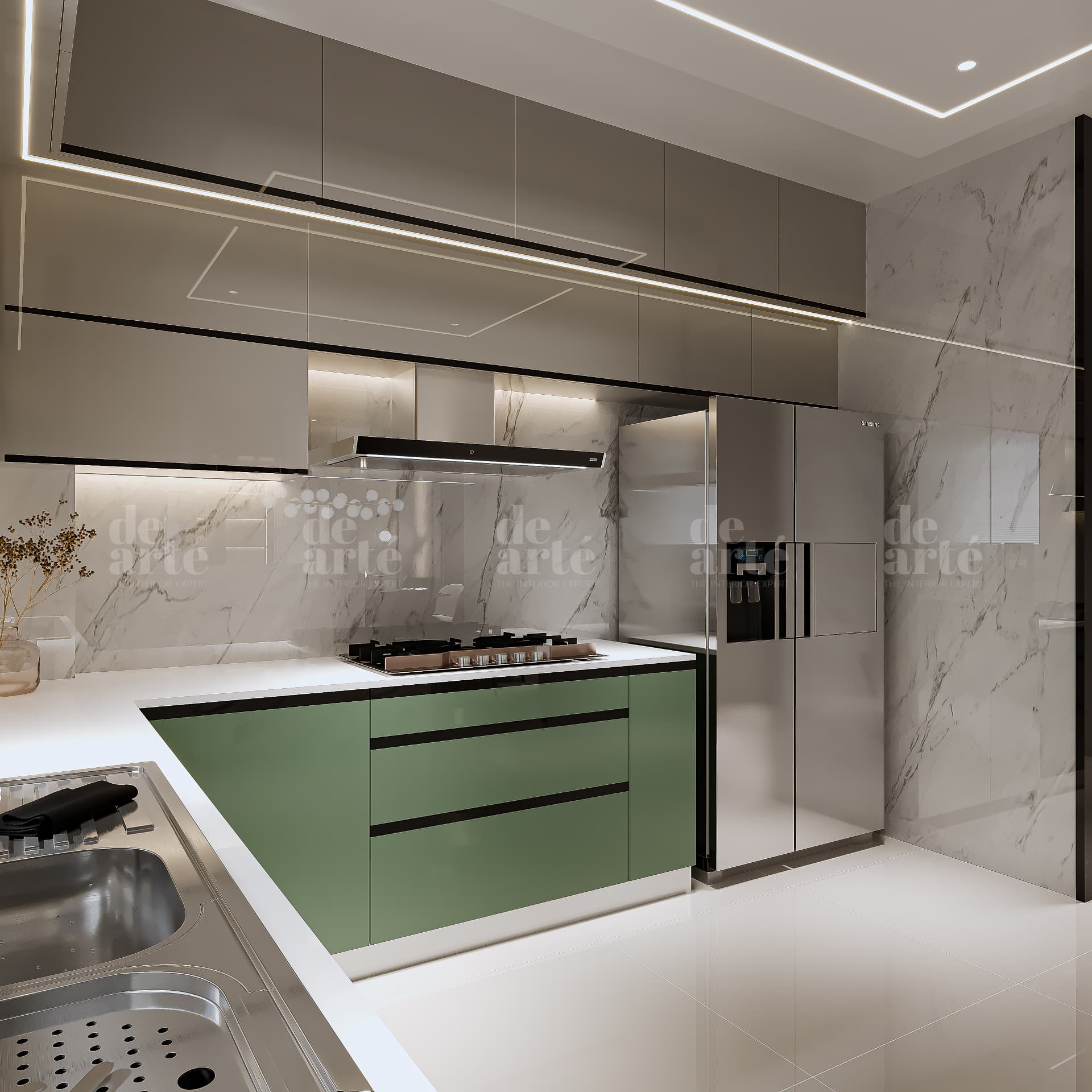 Binu project in Anayara — marble-look kitchen and green cabinetry