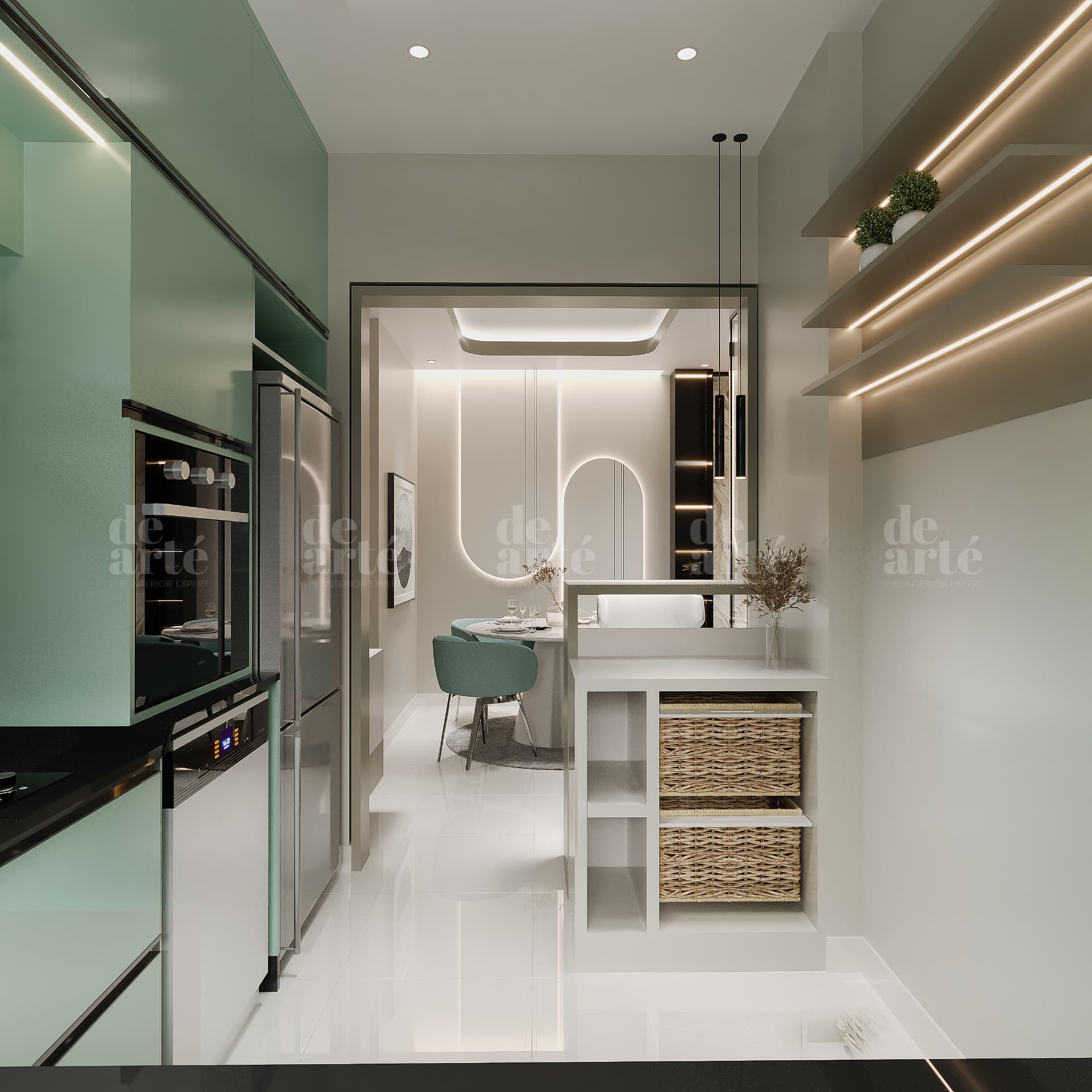 Nishanth project in Trivandrum — kitchen passage with breakfast counter and dining beyond