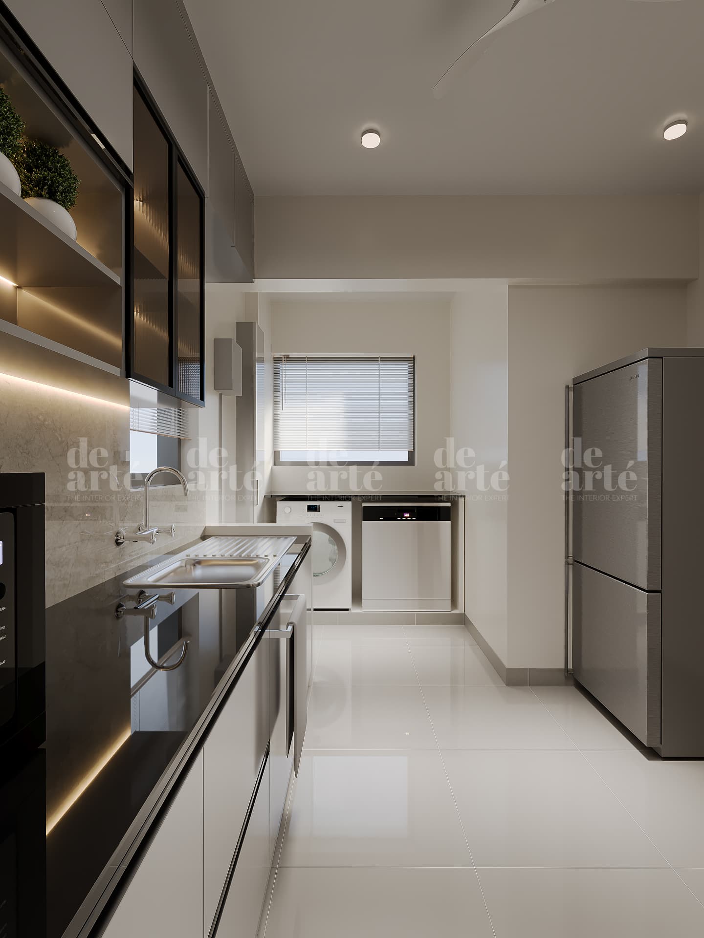Nikitha project in Trivandrum — full-length kitchen with black worktop and tall storage