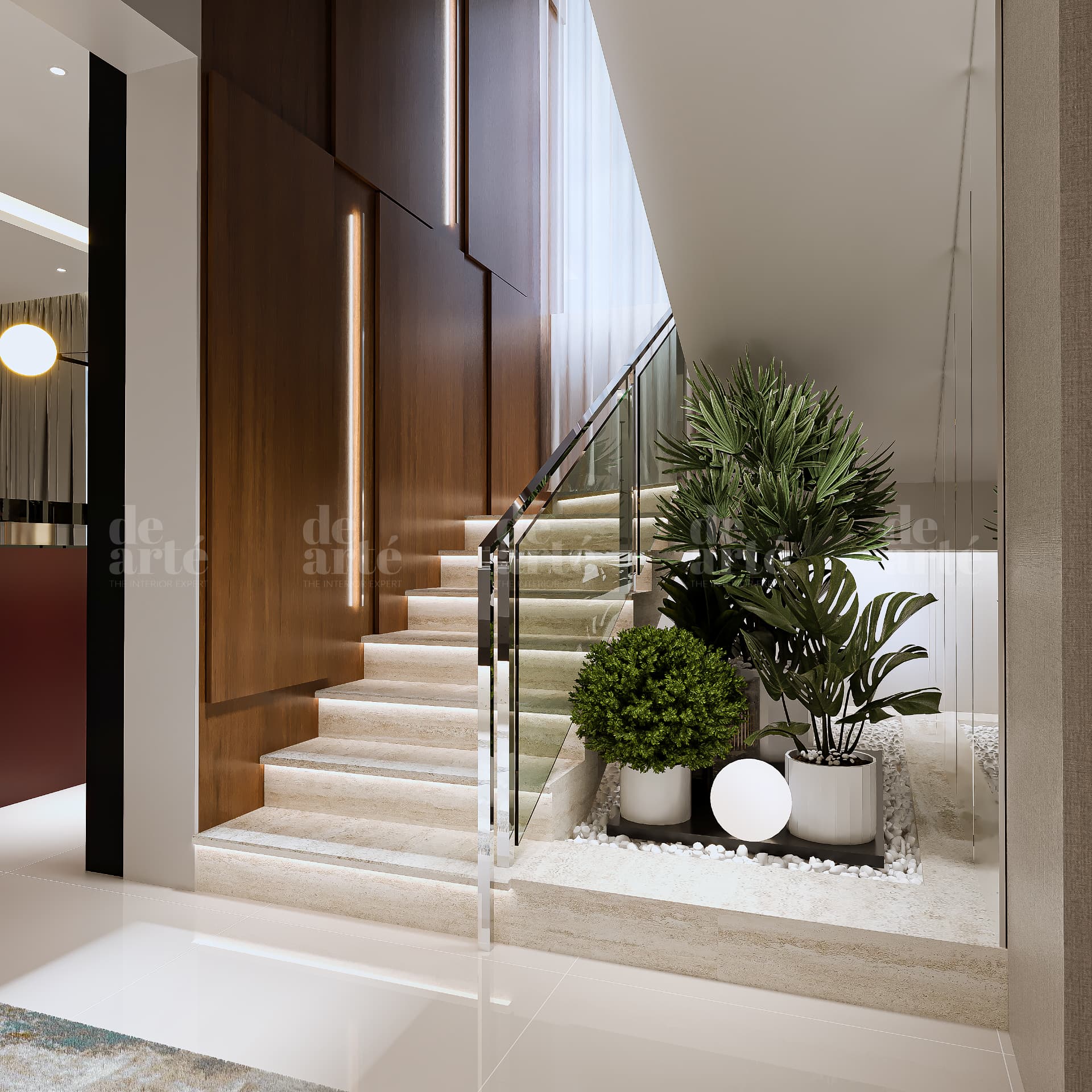 Binu project in Anayara — staircase with glass railing and greenery