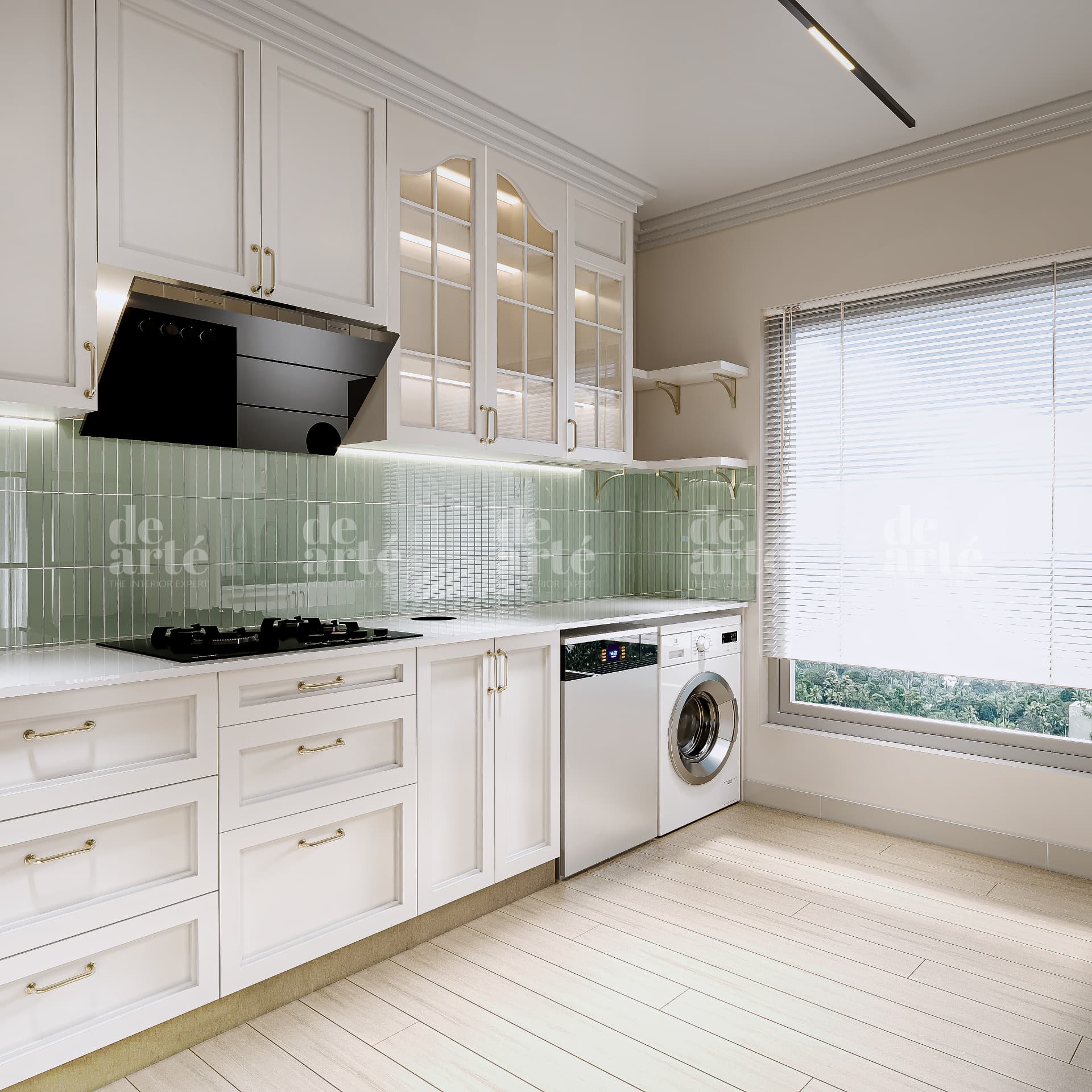 Dr. Aneesa, Anayara project — white kitchen with green tile backsplash