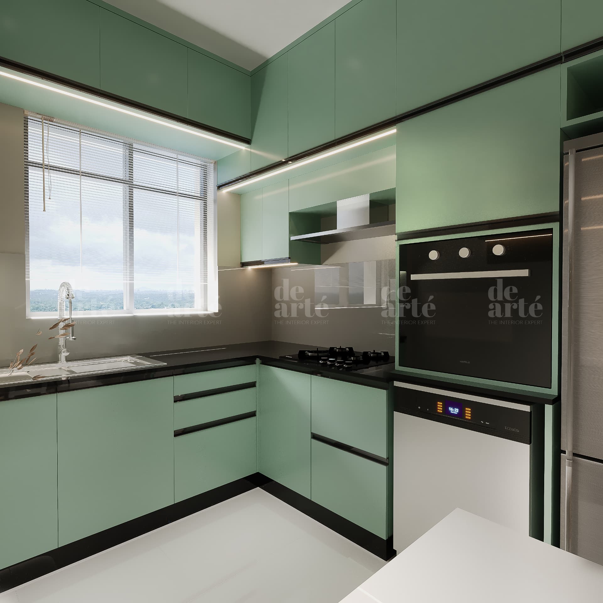 Nishanth project in Trivandrum — kitchen counters and green cabinetry by the window