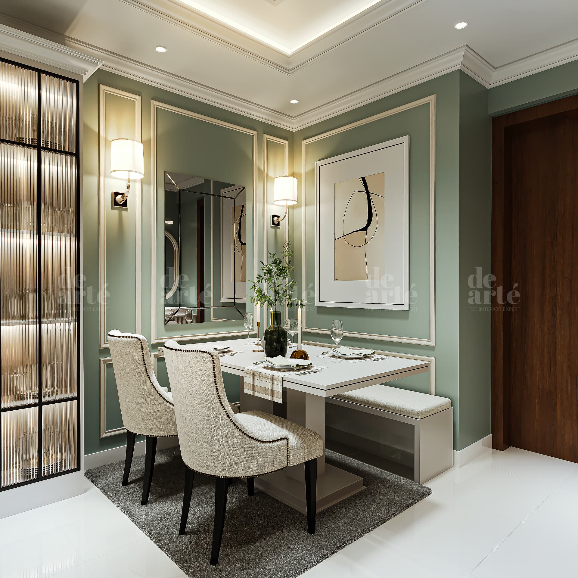Nanda project in Trivandrum — dining table with green panelled walls
