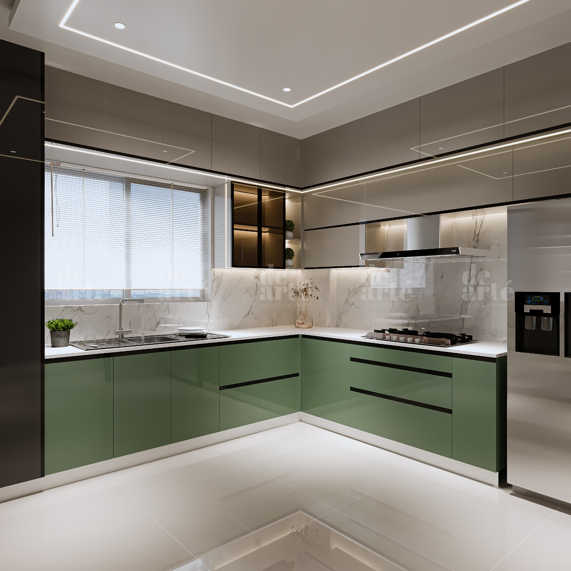 Binu project in Anayara — modular kitchen with green lower cabinets